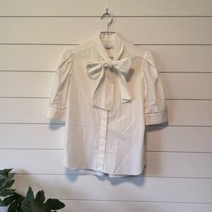 Another Tomorrow 100% Cotton Sustainable Chic White Summer Button Up Neck Bow